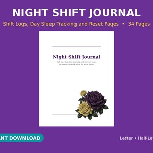 Night Shift Journal Printable Gothic Roses | Shift Log Book, Day Sleep Tracker, Night Worker Planner, Handover Notes