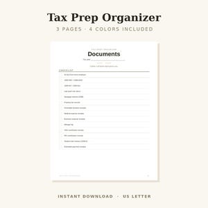 Puede incluir: Un documento organizador de preparación de impuestos blanco con texto negro que presenta una lista de verificación para varios registros financieros. El encabezado dice Tax Prep Organizer, 3 Pages, 4 Colors Included, Instant Download, US Letter. El formulario incluye una sección para documentos.