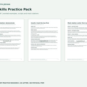 May include: A 24-page PDF titled Study with Jeevan PN Skills Practice Pack, featuring three pages of medical examination scenarios including Cardiac station, Insulin: treat the low first, and Mock station cards with detailed instructions and scripts.