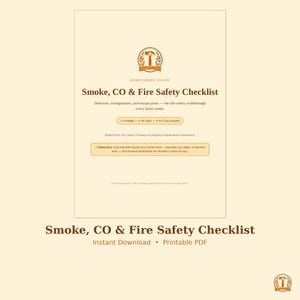 Peut inclure: Un document beige intitulé Smoke, CO & Fire Safety Checklist avec un logo de marteau. Il contient du texte sur les détecteurs, extincteurs, plans d'évacuation, 40 tâches, conseils et un avertissement. Le texte en bas indique le titre complet.