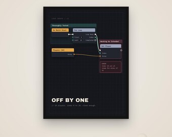 Può includere: Un poster a tema scuro che mostra un grafico a nodi di programmazione visiva con blocchi etichettati Thoroughly Tested, For Loop, Players (10) e Working As Intended. Il testo OFF BY ONE e // 10 players. index 0 to 10. close enough. appare in basso.