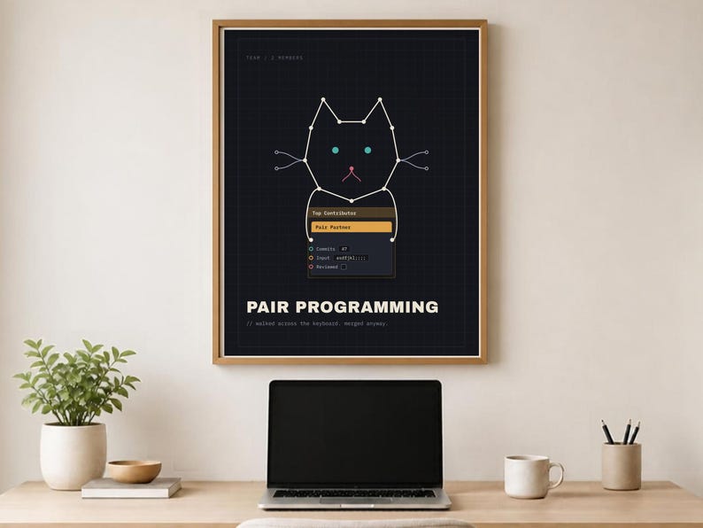 Dark node graph poster titled Pair Programming, labeled Team / 2 Members: a Pair Partner node with 47 commits and an input of asdfjkl;;;;, Reviewed unchecked, under a Top Contributor comment.