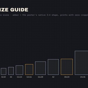 Pu&ograve; includere: Una guida alle dimensioni su sfondo a griglia scura con il testo SIZE GUIDE e // to scale &middot; amber = the poster's native 3:4 shape, prints with zero cropping. Mostra nove contorni rettangolari nelle misure 5x7, 8x10, A4, 11x14, 12x16, 16x20, A2, 18x24 e 24x36.