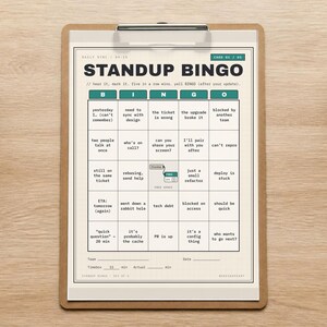 Standup-Bingo – 5 lustige tägliche Standup-Bingo-Karten, Spiel für Entwicklerteams, Humor im agilen Scrum-Umfeld, zum Ausdrucken