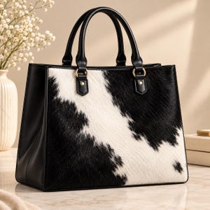 Bolso tote de piel de vaca en blanco y negro, bolso de mano de piel auténtica para mujer, bolso de trabajo con estampado western, bolso de hombro elegante para el día a día, regalo para ella.