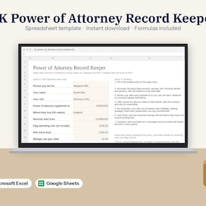 Könnte beinhalten: Eine digitale Tabellenkalkulationsvorlage mit dem Titel UK Power of Attorney Record Keeper auf einem Laptop-Bildschirm. Die Benutzeroberfläche enthält Felder für persönliche Daten, Finanzverfolgung und Anweisungen sowie Symbole für Microsoft Excel und Google Sheets.