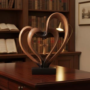 May include: A smooth, brown, heart-shaped wooden sculpture featuring a continuous, flowing design that curves upward. A small, light-colored wooden cross hangs from the center of the heart, suspended by a thin metal loop above a black base.