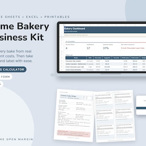 May include: A Home Bakery Business Kit digital template set for Google Sheets and Excel. Includes a Bakery Dashboard spreadsheet, a custom cake order form, printable labels, and a pricing calculator to track ingredient costs and profit margins.