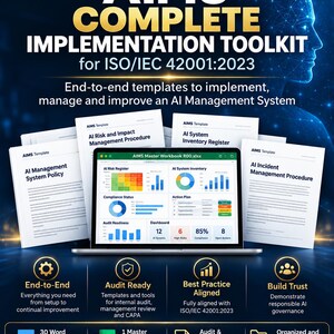 Op de afbeelding: Een digitale toolkit voor ISO/IEC 42001:2023 met een laptop die een AIMS Master Workbook-spreadsheet met grafieken toont, omringd door geprinte documentsjablonen voor AI-beheer, risico- en incidentprocedures.
