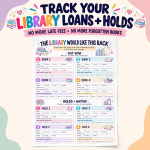 Pode incluir: Uma folha de rastreamento de biblioteca imprimível com o título TRACK YOUR LIBRARY LOANS + HOLDS e NO MORE LATE FEES • NO MORE FORGOTTEN BOOKS. O formulário inclui seções para rastrear quatro livros e quatro reservas com caixas de seleção.