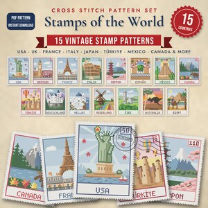 Puede incluir: Un conjunto de patrones de punto de cruz titulado Stamps of the World que presenta 15 diseños de sellos vintage de varios países, incluidos EE. UU., Reino Unido, Francia, Italia, Japón, Turquía, México y Canadá. El PDF digital incluye coloridas ilustraciones pixeladas de monumentos.