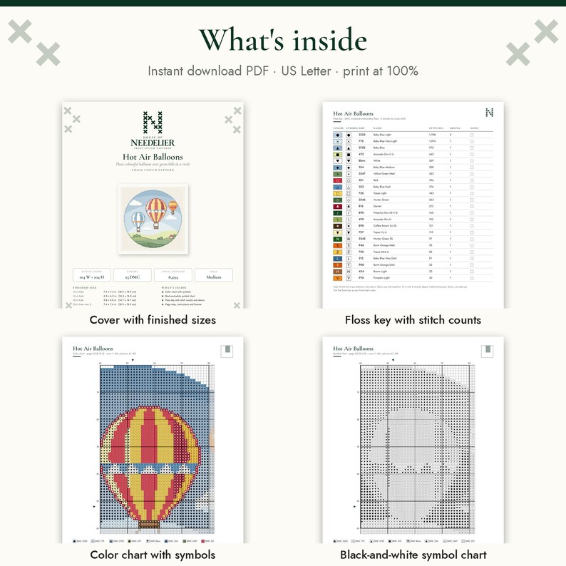 May include: A digital cross stitch pattern titled Hot Air Balloons, featuring four pages: a cover with finished sizes, a floss key with stitch counts, a color chart with symbols, and a black-and-white symbol chart. The text reads What's inside.