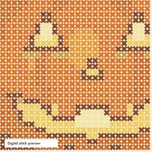 May include: A cross-stitch pattern featuring a vibrant orange background with a grid of white and brown stitches. The design displays stylized shapes in light yellow and brown, with the text Digital stitch preview in the bottom corner.