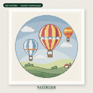 May include: A cross stitch pattern featuring three hot air balloons in a blue sky with white clouds above a green landscape. The balloons are red and yellow, blue and white, and orange and yellow. The text reads PDF PATTERN INSTANT DOWNLOAD.
