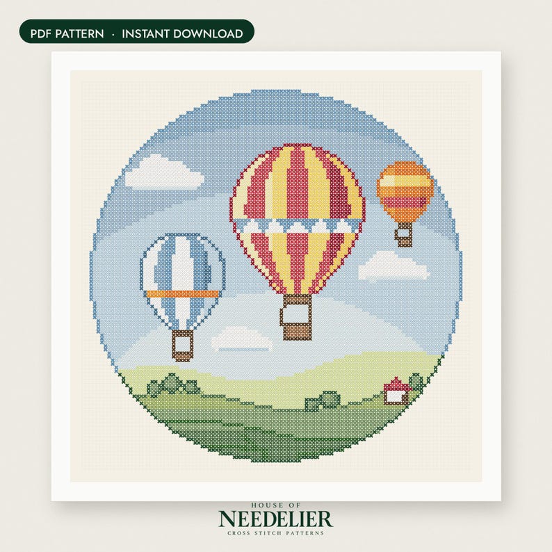 May include: A cross stitch pattern featuring three hot air balloons in a blue sky with white clouds above a green landscape. The balloons are red and yellow, blue and white, and orange and yellow. The text reads PDF PATTERN INSTANT DOWNLOAD.