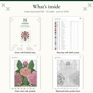 Puede incluir: Un patr&oacute;n de punto de cruz digital titulado Peony Bouquet, que incluye cuatro p&aacute;ginas: una portada con tama&ntilde;os finales, una clave de hilos con conteo de puntadas, una tabla de colores con s&iacute;mbolos y una tabla de s&iacute;mbolos en blanco y negro.
