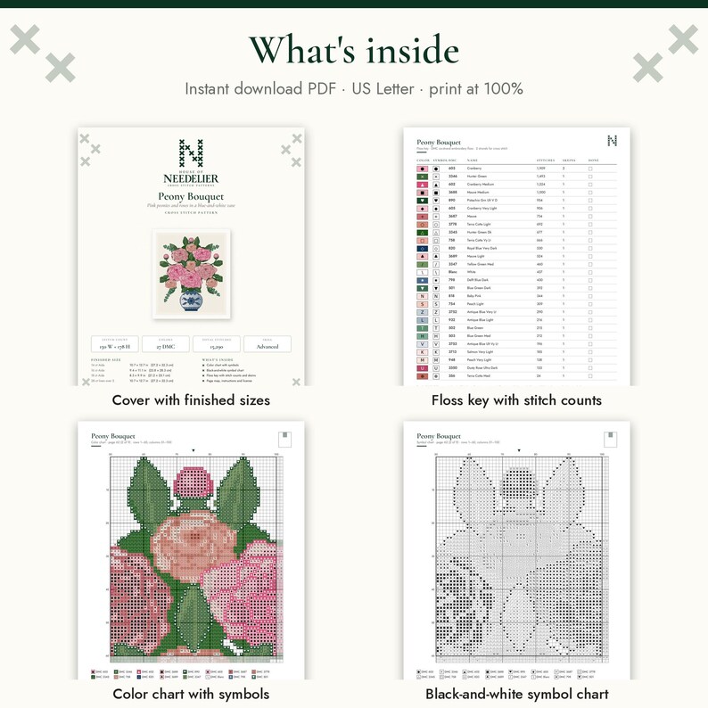 Puede incluir: Un patr&oacute;n de punto de cruz digital titulado Peony Bouquet, que incluye cuatro p&aacute;ginas: una portada con tama&ntilde;os finales, una clave de hilos con conteo de puntadas, una tabla de colores con s&iacute;mbolos y una tabla de s&iacute;mbolos en blanco y negro.