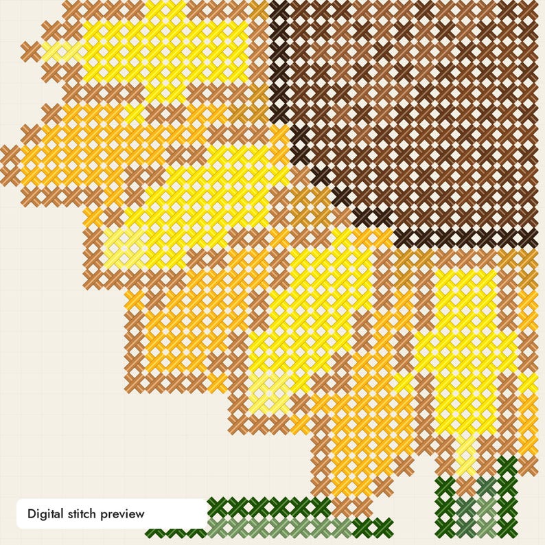 May include: A cross-stitch pattern featuring a brown circular shape at the top, surrounded by yellow and orange stitched segments, with green stitches at the bottom. The image includes a white label with the text Digital stitch preview.