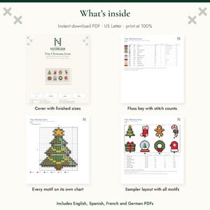 May include: A digital cross-stitch pattern titled Tiny Christmas Icons, featuring a cover page with finished sizes, a floss key with stitch counts, individual motif charts, and a sampler layout. The document is an instant download PDF for US Letter.