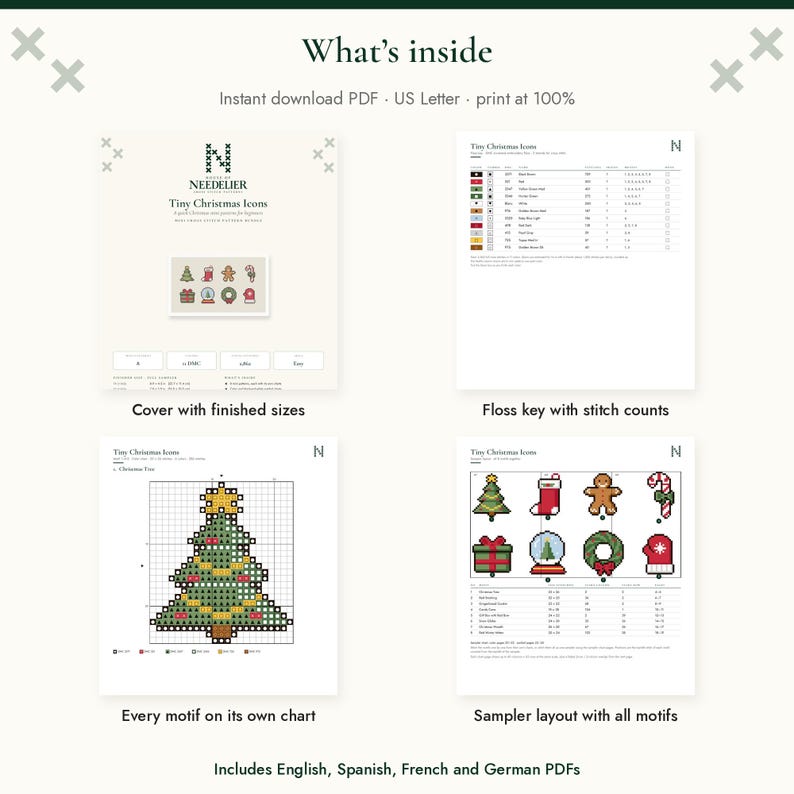 May include: A digital cross-stitch pattern titled Tiny Christmas Icons, featuring a cover page with finished sizes, a floss key with stitch counts, individual motif charts, and a sampler layout. The document is an instant download PDF for US Letter.