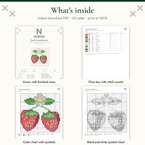 May include: A digital cross-stitch pattern titled Sweet Strawberries, featuring four pages: a cover with finished sizes, a floss key with stitch counts, a color chart with symbols, and a black-and-white symbol chart. The text reads What's inside, Instant download PDF, US Letter, print at 100%.