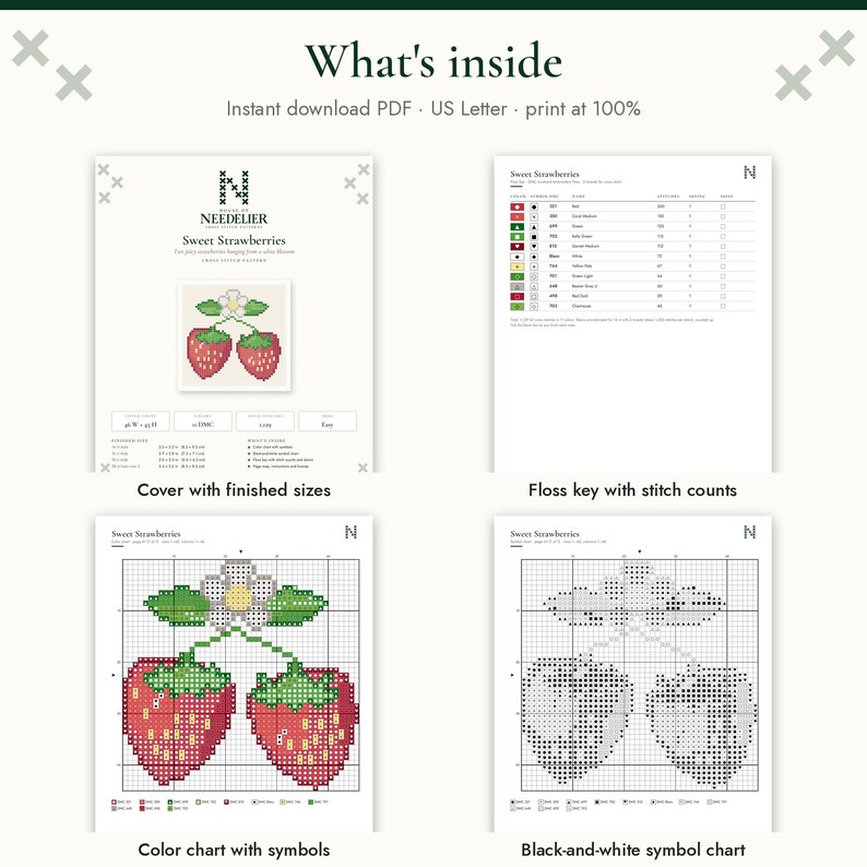 May include: A digital cross-stitch pattern titled Sweet Strawberries, featuring four pages: a cover with finished sizes, a floss key with stitch counts, a color chart with symbols, and a black-and-white symbol chart. The text reads What's inside, Instant download PDF, US Letter, print at 100%.