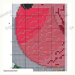May include: A cross-stitch pattern chart featuring a large red heart shape against a light gray background. The grid is filled with various symbols, including circles, squares, hearts, and diamonds, representing different thread colors.