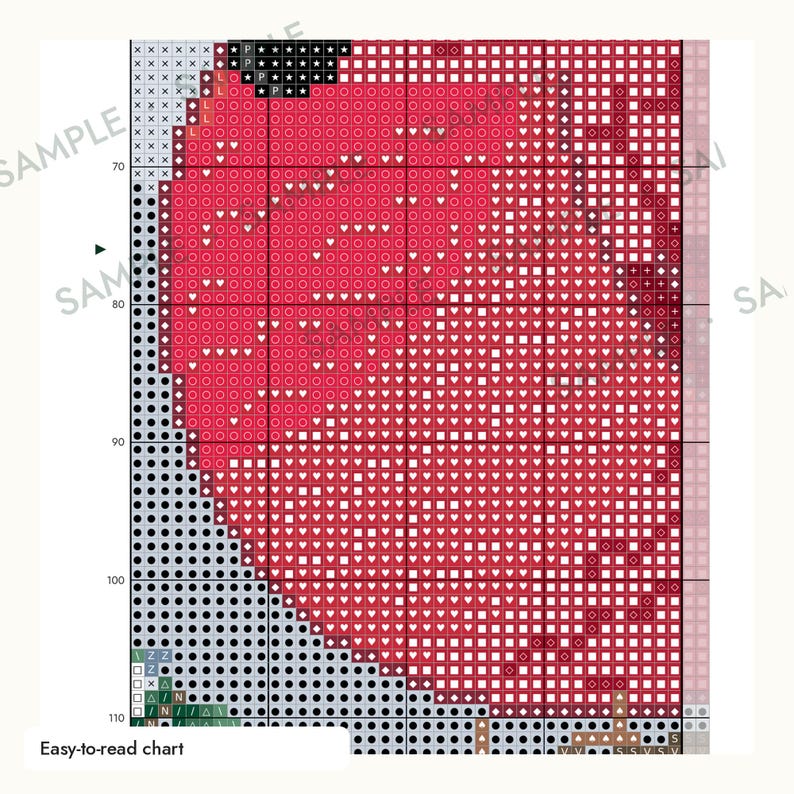 May include: A cross-stitch pattern chart featuring a large red heart shape against a light gray background. The grid is filled with various symbols, including circles, squares, hearts, and diamonds, representing different thread colors.