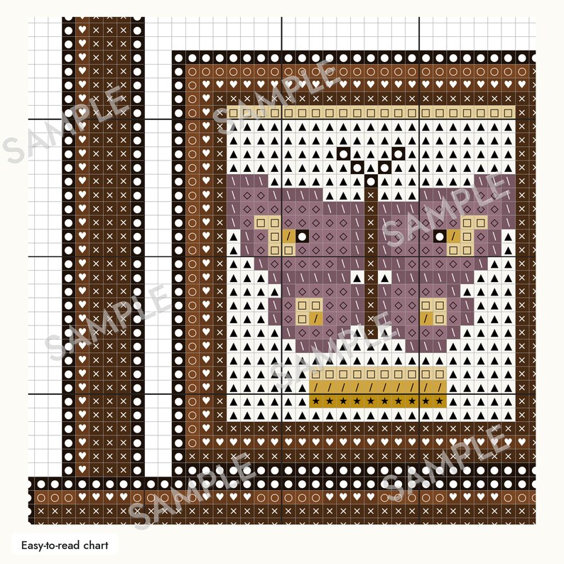 May include: A cross-stitch pattern chart featuring a central purple butterfly design on a white grid background. The design is framed by a brown border decorated with white hearts, circles, and crosses. The chart includes the text Easy-to-read chart.