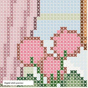 May include: A cross-stitch pattern featuring pink flowers with dark brown outlines, green stems, and dark green foliage. The background includes light blue and pale pink grid-like sections. The text Digital stitch preview is visible.
