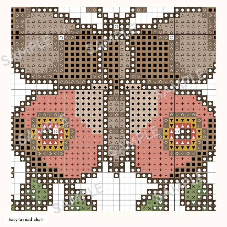 May include: A cross-stitch pattern chart featuring a symmetrical butterfly design. The upper wings are brown with geometric symbols, while the lower wings are pink with yellow and red accents. The grid includes the word SAMPLE in light gray.
