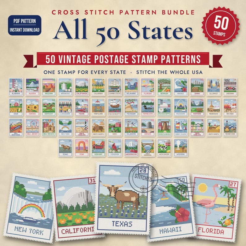 May include: A cross stitch pattern bundle featuring 50 vintage postage stamp designs representing all 50 states. The digital document includes individual patterns for each state, showcasing iconic landmarks and symbols in a grid layout.