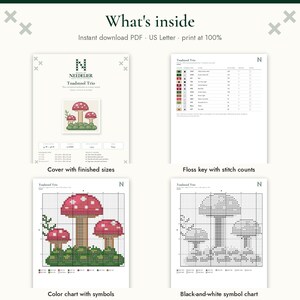 May include: A digital cross-stitch pattern titled Toadstool Trio, featuring a cover page with finished sizes, a floss key with stitch counts, a color chart with symbols, and a black-and-white symbol chart for three red-capped mushrooms.