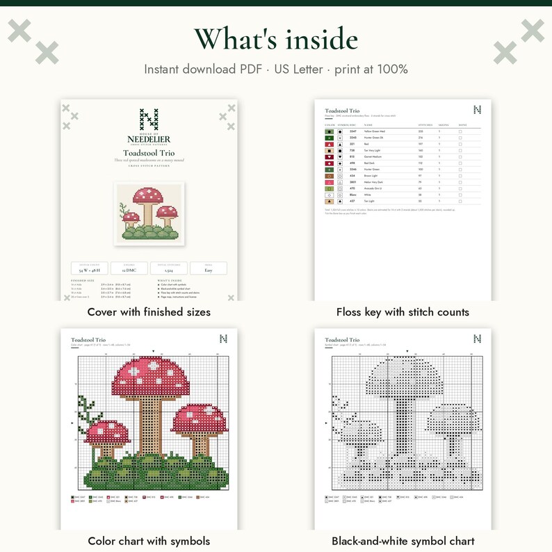 May include: A digital cross-stitch pattern titled Toadstool Trio, featuring a cover page with finished sizes, a floss key with stitch counts, a color chart with symbols, and a black-and-white symbol chart for three red-capped mushrooms.