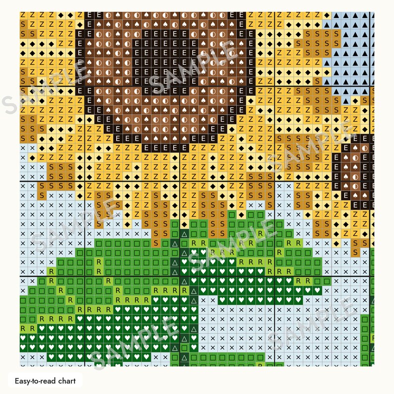 Puede incluir: Un patr&oacute;n de punto de cruz con un dise&ntilde;o de girasol que presenta una cuadr&iacute;cula de s&iacute;mbolos y letras. La imagen muestra una cabeza de flor central de color marr&oacute;n oscuro rodeada de p&eacute;talos amarillos, hojas verdes y un fondo azul claro, todo con una marca de agua.
