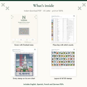May include: A digital cross-stitch pattern titled Stamps of the 50 States. The document includes a cover page, a floss key with stitch counts, individual charts for each stamp, and a full layout of all 50 stamps. Text includes What's inside, Instant download PDF, US Letter, and print at 100%.