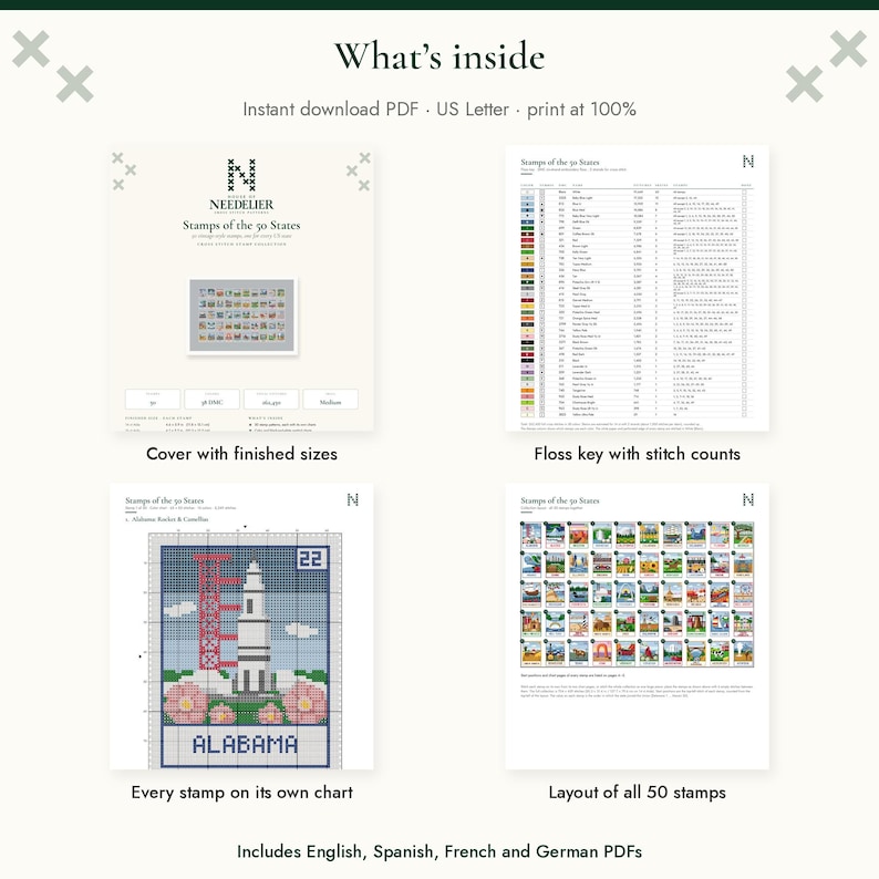 May include: A digital cross-stitch pattern titled Stamps of the 50 States. The document includes a cover page, a floss key with stitch counts, individual charts for each stamp, and a full layout of all 50 stamps. Text includes What's inside, Instant download PDF, US Letter, and print at 100%.