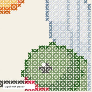 May include: A cross-stitch pattern featuring a green rounded figure with a dark gray eye, positioned below a vertical column of light blue stitches and next to an orange and yellow corner element, with the text Digital stitch preview at the bottom.