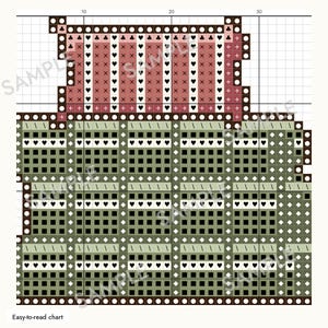 May include: A cross-stitch pattern chart featuring a grid with numbered axes. The top section displays vertical stripes in pink and white with heart and cross symbols. The bottom section shows a green and black grid with heart and diamond icons.