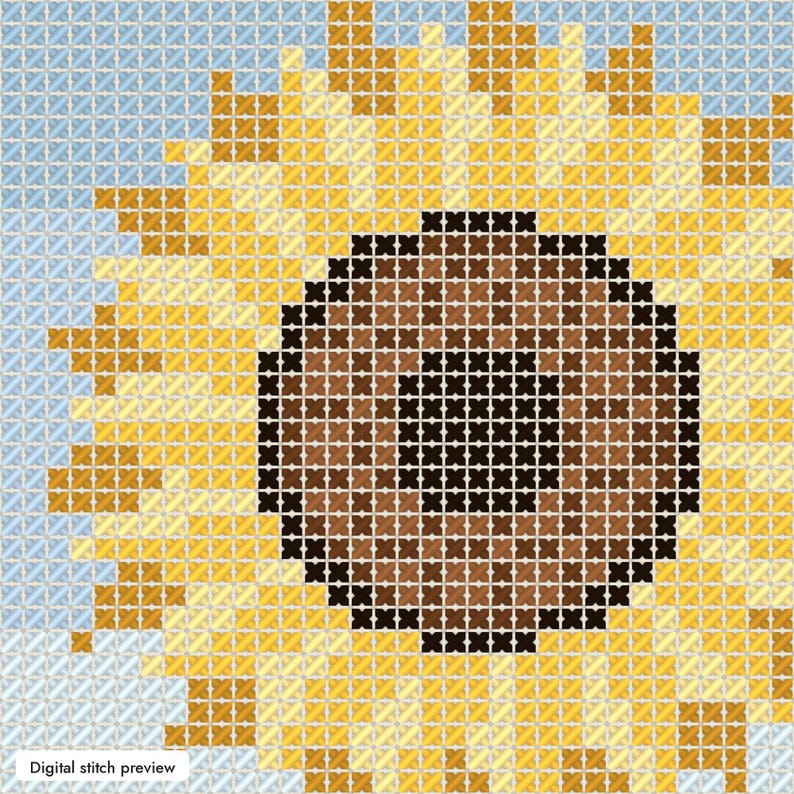 Puede incluir: Un patr&oacute;n de punto de cruz que muestra un girasol con un centro marr&oacute;n oscuro y p&eacute;talos amarillos sobre un fondo azul claro. El dise&ntilde;o est&aacute; compuesto por una cuadr&iacute;cula de puntos individuales. El texto Digital stitch preview es visible.