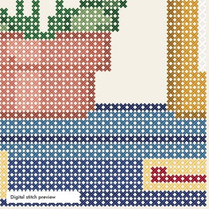 May include: A cross-stitch pattern featuring a terracotta-colored pot with green foliage, a vertical gold-colored column, and a blue horizontal base with a small red and yellow rectangular accent. The text Digital stitch preview is visible.