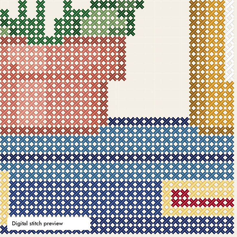 May include: A cross-stitch pattern featuring a terracotta-colored pot with green foliage, a vertical gold-colored column, and a blue horizontal base with a small red and yellow rectangular accent. The text Digital stitch preview is visible.