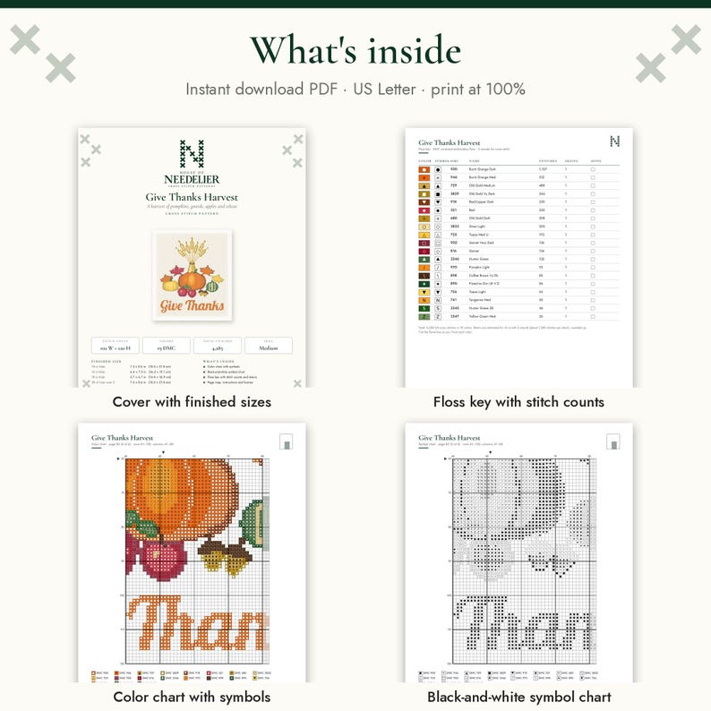 May include: A digital cross stitch pattern titled Give Thanks Harvest, featuring a cover page with finished sizes, a floss key with stitch counts, a color chart with symbols, and a black-and-white symbol chart. The design includes pumpkins, gourds, apples, and wheat.