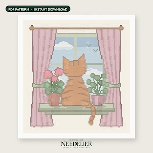 May include: A cross-stitch pattern featuring an orange tabby cat sitting on a windowsill between two potted plants, framed by pink curtains. The scene shows a blue sky with a white cloud and two birds. Text at the top reads PDF PATTERN - INSTANT DOWNLOAD.
