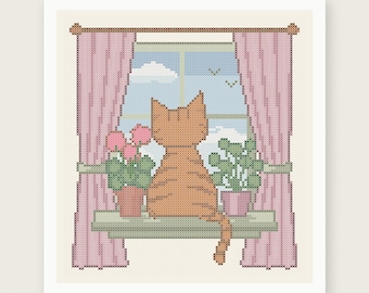 May include: A cross-stitch pattern featuring an orange tabby cat sitting on a windowsill between two potted plants, framed by pink curtains. The scene shows a blue sky with a white cloud and two birds. Text at the top reads PDF PATTERN - INSTANT DOWNLOAD.