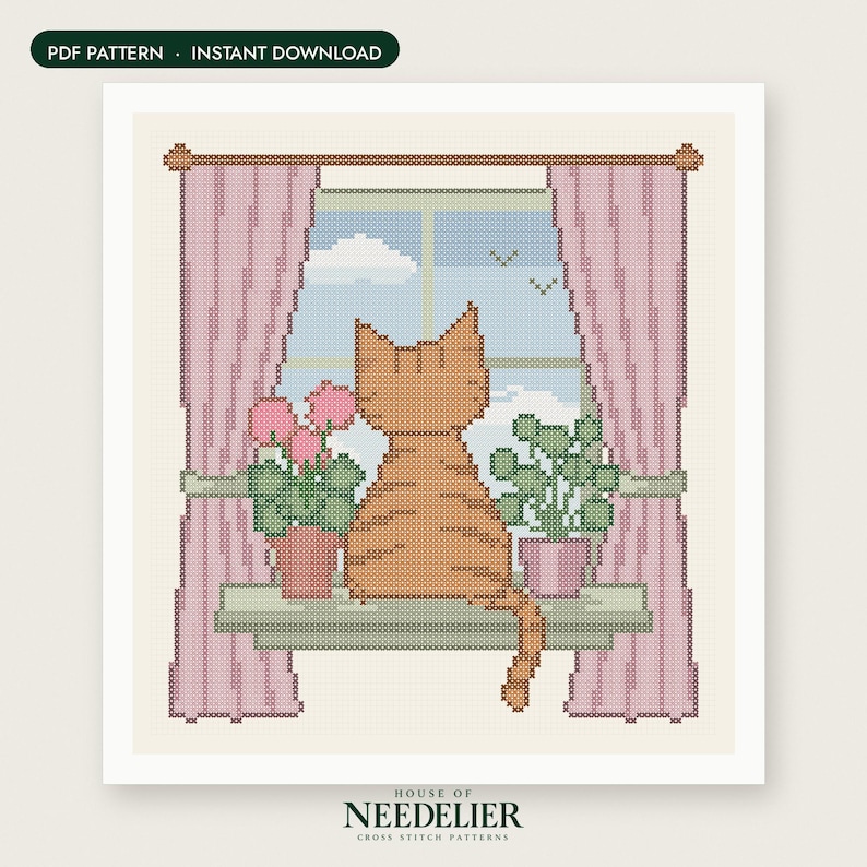 May include: A cross-stitch pattern featuring an orange tabby cat sitting on a windowsill between two potted plants, framed by pink curtains. The scene shows a blue sky with a white cloud and two birds. Text at the top reads PDF PATTERN - INSTANT DOWNLOAD.