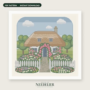 May include: A cross stitch pattern featuring a thatched roof cottage with a stone path, a white picket fence, and pink rose bushes. The scene includes green trees, a blue sky with white clouds, and the text PDF PATTERN INSTANT DOWNLOAD and HOUSE OF NEEDELIER CROSS STITCH PATTERNS.