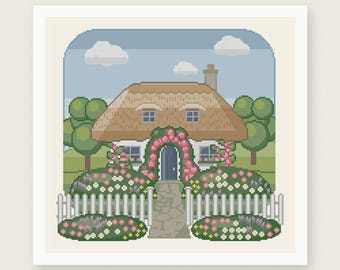 May include: A cross stitch pattern featuring a thatched roof cottage with a stone path, a white picket fence, and pink rose bushes. The scene includes green trees, a blue sky with white clouds, and the text PDF PATTERN INSTANT DOWNLOAD and HOUSE OF NEEDELIER CROSS STITCH PATTERNS.
