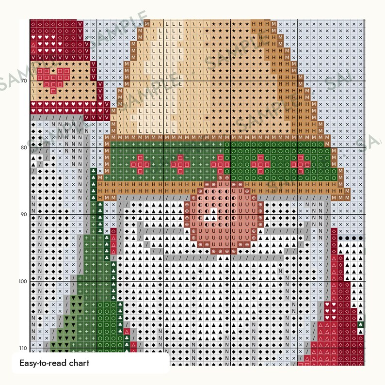 May include: A cross-stitch pattern chart featuring a gnome with a tan hat, a green band with red accents, and a large round nose. The grid displays various symbols including letters, slashes, diamonds, and triangles to indicate thread colors.
