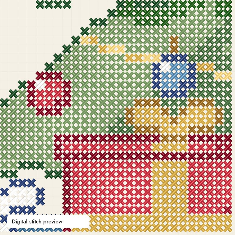 May include: A cross-stitch pattern featuring a red gift box with a yellow ribbon, a blue ornament, and a red berry against a green background. The image includes the text Digital stitch preview in the lower left corner on a white rectangular label.